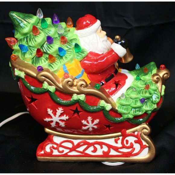 Roman 10'' Santa Sleigh Riding Ceramic Light Up Figure Ball Bear Present Holiday - Picture 7 of 10